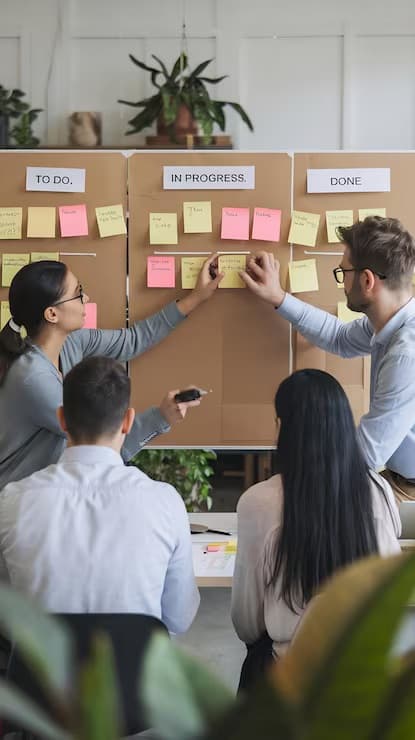 Equipo mapeando el plan de trabajo en un tablero Kanban